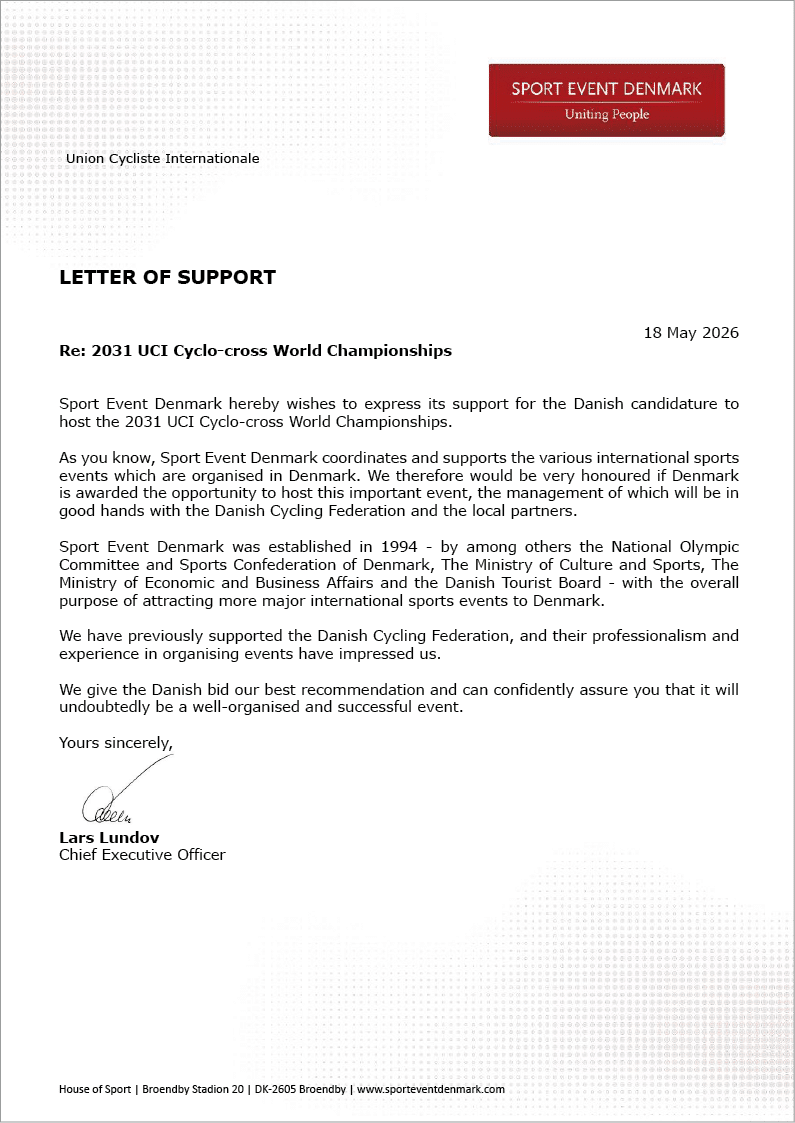A letter of support for the Danish Cycling team. Description generated by AI